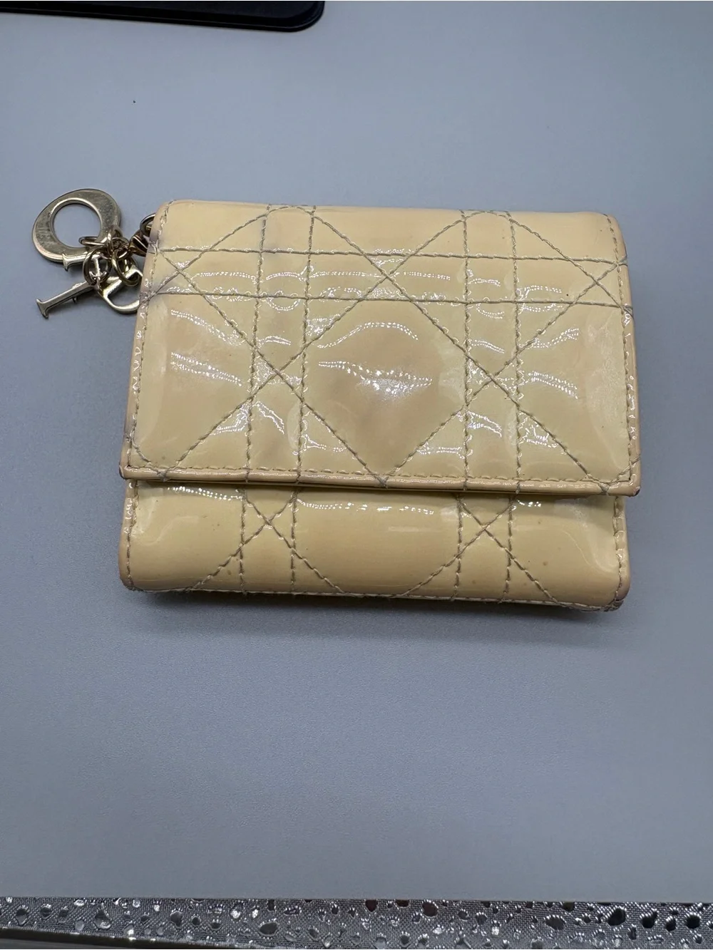 Christian Dior Lady Dior Cannage Patent Leather Compact Trifold Wallet